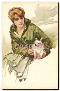 Old Postcard Fantasy Illustrator Woman Dog