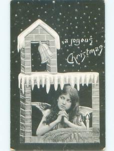 Pre-Linen christmas PRETTY ANGEL GIRL IN THE WINDOW k1434