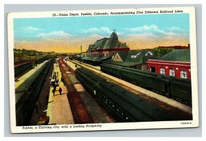 Vintage 1930's Postcard Union Depot Passenger Train Platform Pueblo Colorado