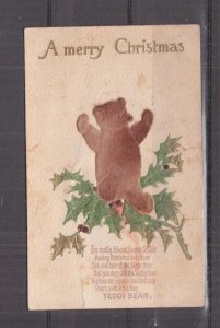 TEDDY BEAR, c1920 Xmas ppc., Embossed in Brown material & Green Ivy, unused.