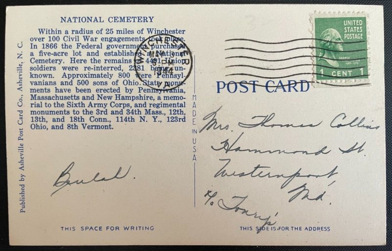 Vintage Postcard 1944 National (Civil War) Cemetery, Winchester, Virginia