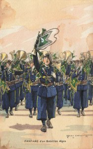 FANFARE d'un Bataillon Alpine Artist Signed Postcard