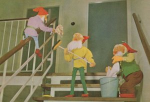 Toy Gnomes Cleaning Stairs Sliding Down Banisters Postcard