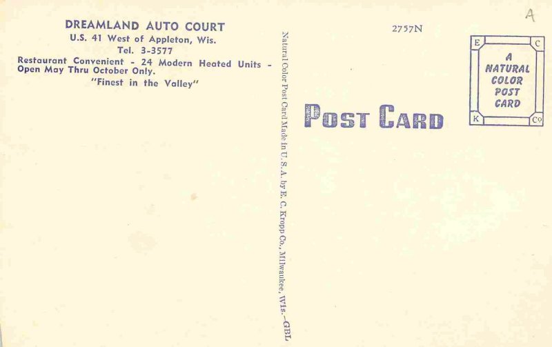 Dreamland Auto Court Motel US 41 Appleton Wisconsin linen postcard