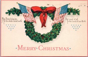 Postcard Patriotic Christmas - Wreath with red bow and Two Flags