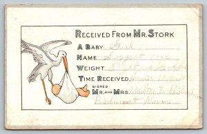 1919  Piedmont  Kansas   Baby  Stork   Postcard
