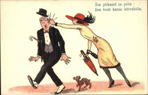 Foreign Comic Beautiful Woman Tweaks Man's Ear for Ogling Vintage Postcard