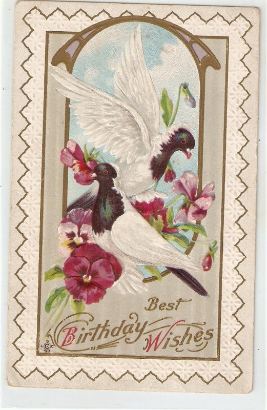 Doves in flosers. Birthday Message Old vintage American Grteetings PC