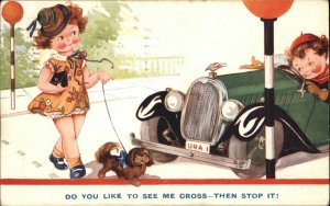Little Girl Walking Dog Little Boy Driving Driver Fashion Vintage Postcard