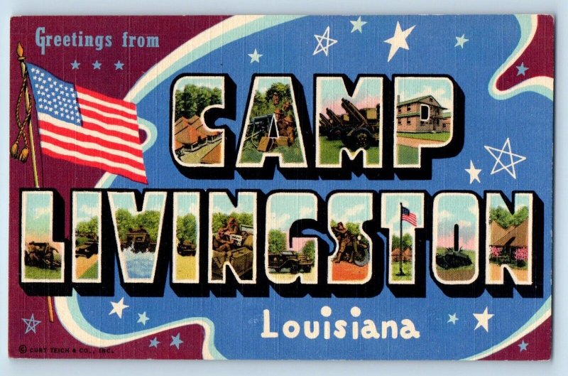 Louisiana Postcard Greetings Camp Livingston Banner Large Letters 1940 Unposted