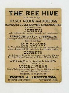 1880s The Bee Hive Card Trade Victorian Jerseys Kid Gloves Corsets Waterbury CT 