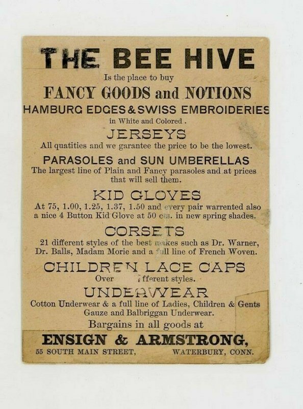 1880s The Bee Hive Card Trade Victorian Jerseys Kid Gloves Corsets Waterbury CT 