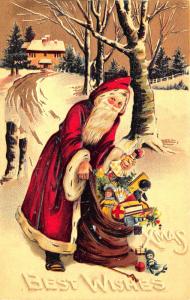 1909 Best Wishes Christmas Red Suited Santa Claus Toys Embossed Postcard