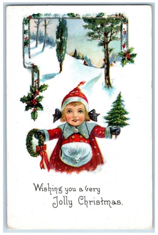 Christmas Postcard Little Girl Holly Berries Winter Scene Embossed c1910's