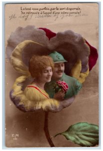 France Postcard RPPC Photo Soldier Military Romance With Flowers WWI Vintage