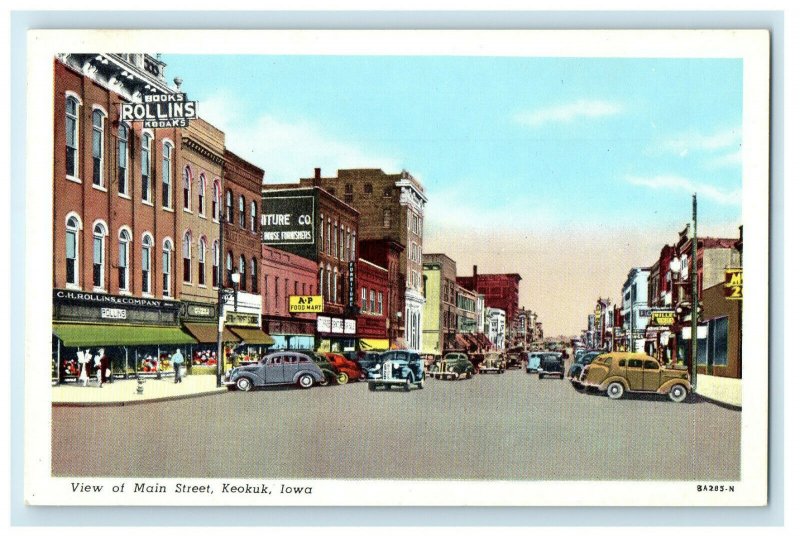 c1940s View of Main Street, Keokuk, Iowa IA Unposted Vintage Postcard 