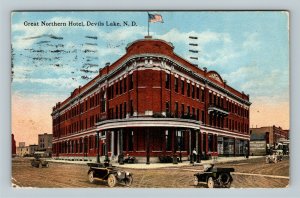 Devil's Lake ND, Great Northern Hotel, Autos Vintage North Dakota c1919 Postcard