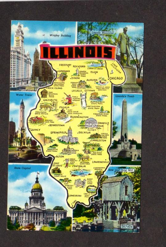 IL Illinois State Map Aurora Decatur Centralia Elgin Rock Island Postcard