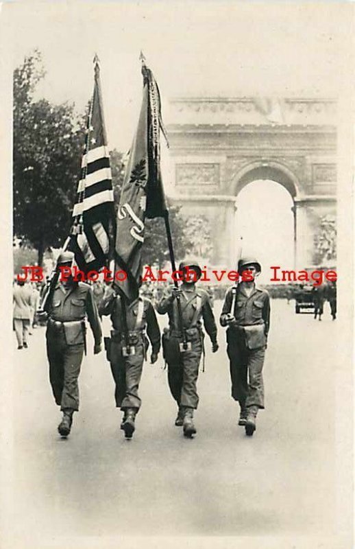 France, Paris, RPPC, Arc de Triomphe, American Flag at Military Parade