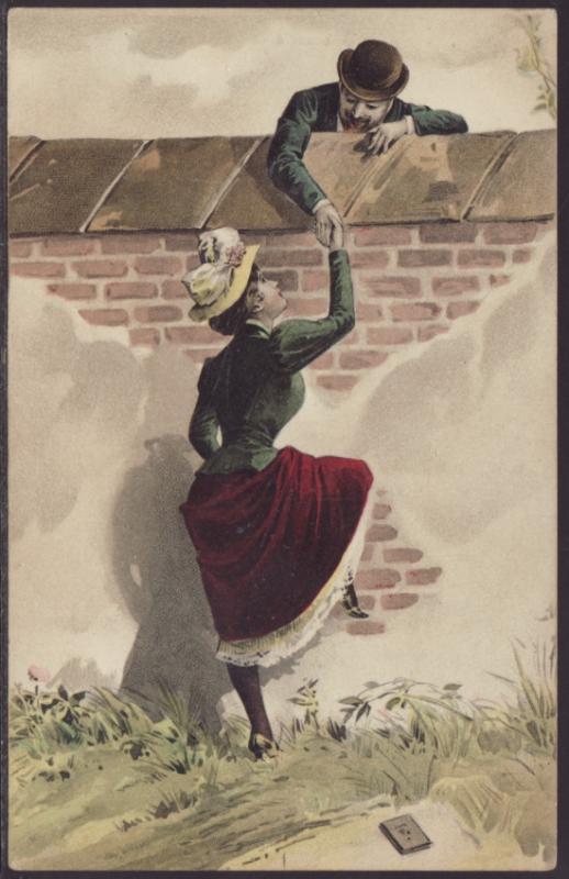 Man Talking to Woman Over Wall Postcard