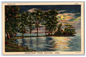 Denison Iowa Postcard Greetings Lake Trees Moonlight Night c1940 Antique Vintage