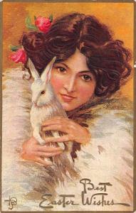 Easter Greeting Lady with Bunny Rabbits Antique Postcard J76288