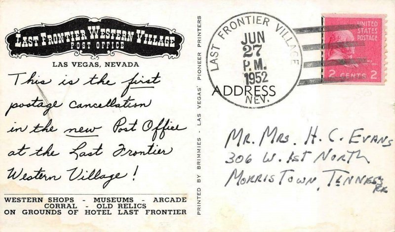 LAS VEGAS Nevada NV ~POST OFFICE~Last Frontier Western Village Cancellation 1952