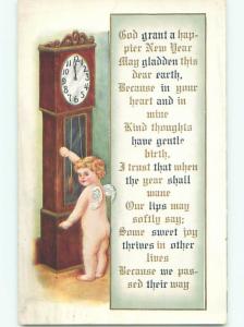 Pre-Linen new year ANGEL BESIDE THE GRANDFATHER CLOCK k5316