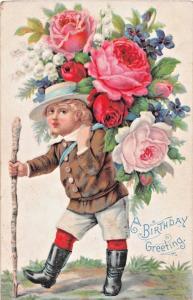 EDWARDIAN BOY CARRIES LARGE BOUQUET OF FLOWERS BIRTHDAY GREETING POSTCARD