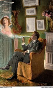 Man Seeing Beautiful Lady In Pipe Smoke 1910