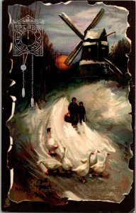 Tuck 4088 Happy New Year Windmill Geese c1908 Vintage Postcard F48