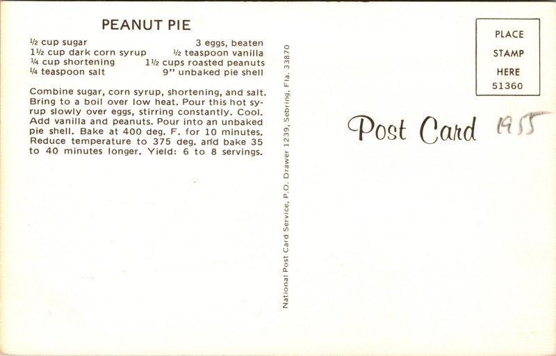Granny's Southern Peanut Pie Recipe Postcard unused 1960s