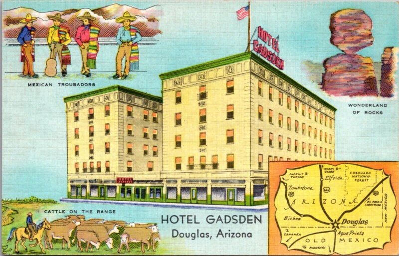 Linen Postcard Hotel Gadsden US Highway 80 and 666 in Douglas, Arizona