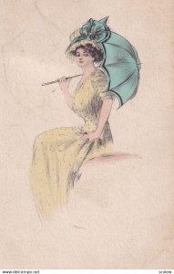 Portrait of young woman wearing yellow gown & bonnet, holding blue parasol, 1...