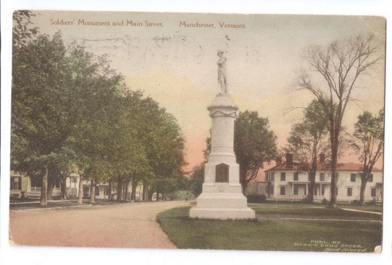 Manchester Vermont Postcard Soldiers Monument Main Street VT