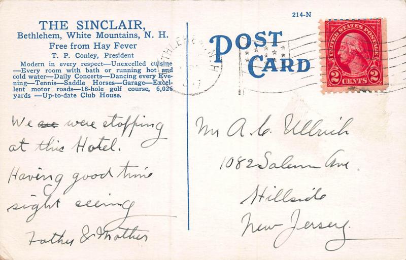 Sinclair Hotel, Bethlehem, New Hampshire, Early Postcard, Used in 1927