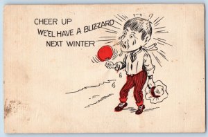 Man Sweating Postcard Fan We'el Have A Blizzard Next Winter Embossed Warsaw MN