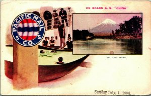 Pacific Mail Steamship Co On Board Steamship China Mount Fuji 1906 Postcard D6