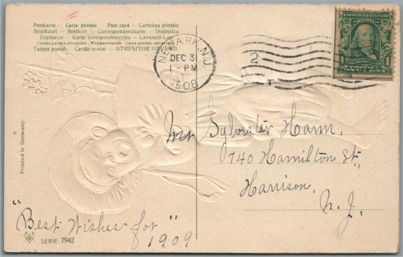 HAPPY NEW YEAR CHRISTMAS EMBOSSED ANTIQUE POSTCARD