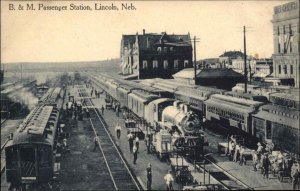 Lincoln NE B&M RR Train Station NICE VIEW OF TRAINS c1910 Depot Postcard