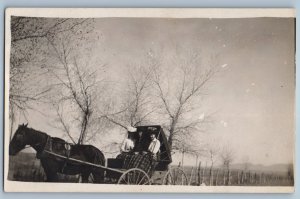 c1910's Women Riding Carriage Buggy Scene Field RPPC Photo Antique Postcard