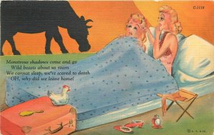 Postcard 1941 Sexy women in bed Cow silhouette comic humor 23-1504