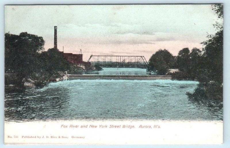 AURORA, Illinois IL~ Fox River NEW YORK STREET BRIDGE Handcolored 1900s Postcard