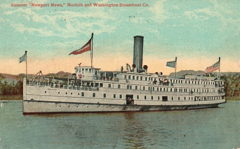 Vintage Postcard 1911 Steamer Newport News Norfolk and Washington Steamboat