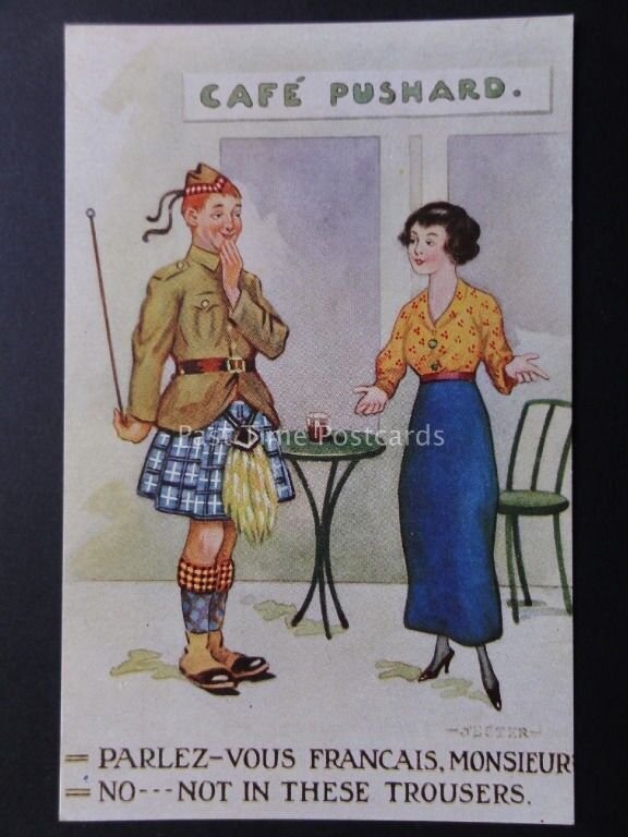 Comic Postcard ARMY SCOTTISH KILT FRANCE THEME PARLEZ -VOUS FRANCAIS. MONSIEUR