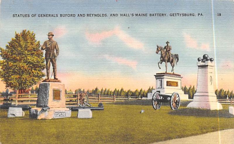 Statues of Generals Budford and Reynolds & Hall's Maine Battery, Gettysburg, ...