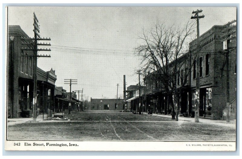 c1920's Elm Street Dirt Road Commercial Buildings Farmington Iowa IA Postcard