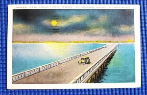 Vtg Causeway to Pass-A-Grille FL at Night St Petersburg Sunshine City Postcard