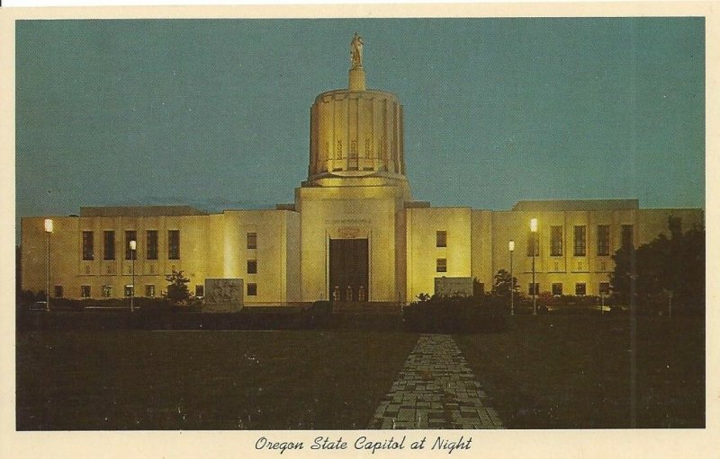 Oregon State Capitol at Night, Salem, Oregon Vintage Postcard 