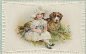 TC: Girl sitting with English Shepherd, flowers, Oatmeal Superstition, 1890s